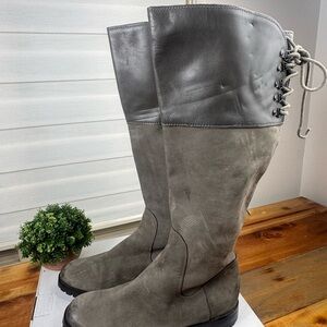Cole Haan Grey Distress Leather Round Toe Corset Back Women Boots Sz 9B